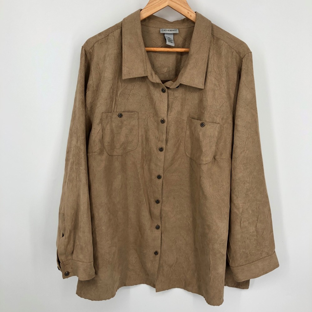 Catherines Womens Button Up Top Size 3X Brown Tan Crinkle Textured Pocket Office